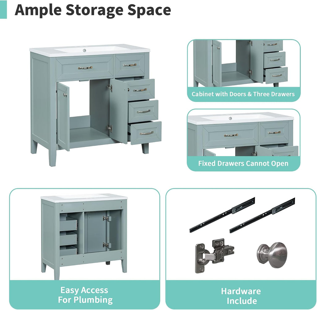 36' Bathroom Vanity with Sink Combo, Bathroom Cabinet with Drawers, Solid Frame and MDF Board,Green