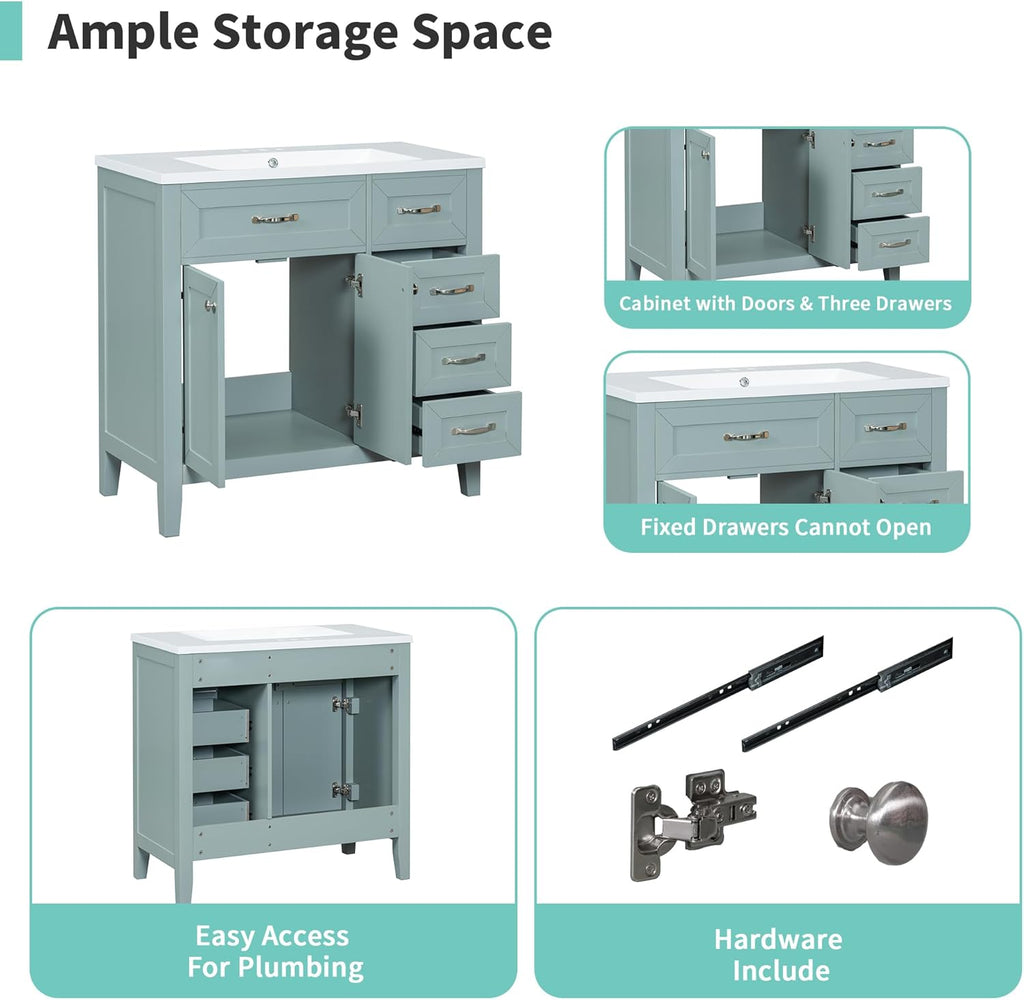 36' Bathroom Vanity with Sink Top, Freestanding Cabinet with Drawers, Soft Closing Doors, Solid Wood Frame & MDF Board