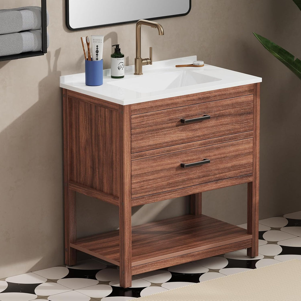 30 Inch Poly Lumber Bathroom Vanity with Sink Combo, Waterproof Freestanding Cabinet, SMC Resin Countertop with 2 Drawers & Open Storage Shelf, Adjustable Feet, Zinc-Alloy Handles, Rustic Brown