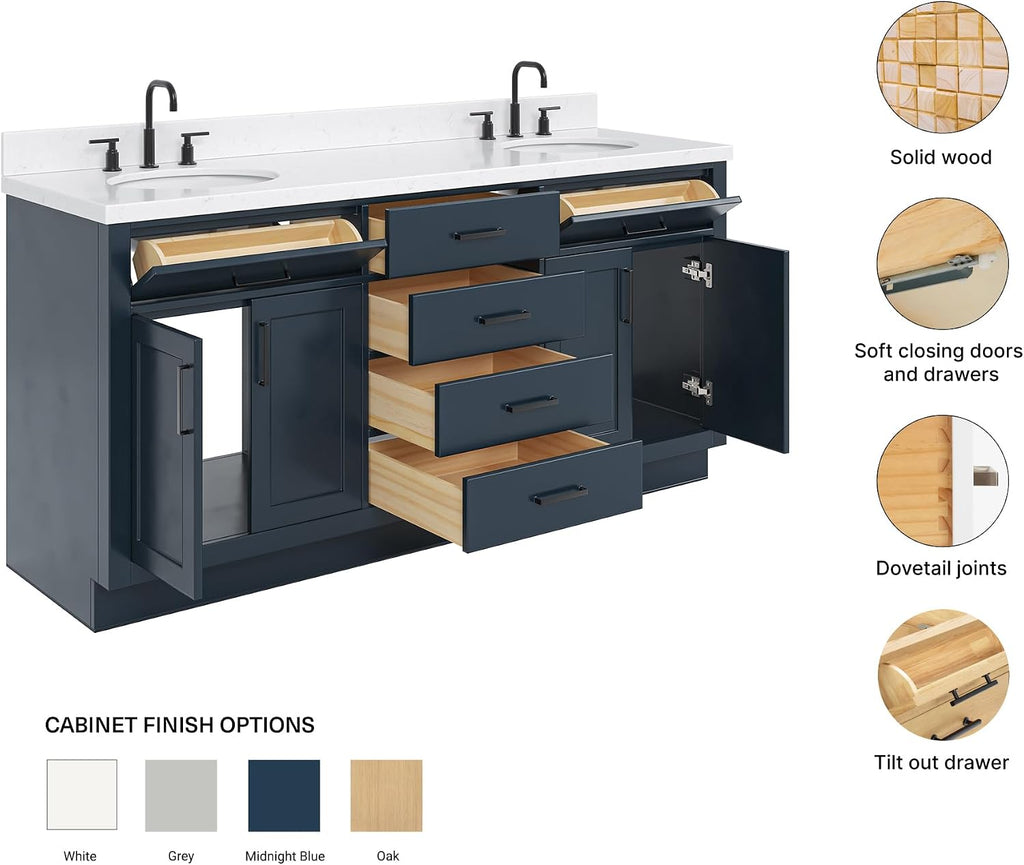 ARIEL Hepburn 72-inch Bathroom Vanity with Sink,Solid Wood, 1.5-inch Carrara White Quartz Countertop, Double Oval Porcelain Sink, 4 Soft Closing Doors, 6 Dovetail Drawers, Midnight Blue