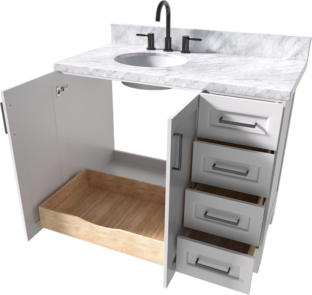ARIEL Taylor 42-inch Bathroom Vanity with Sink,Solid Wood, 1.5-inch Italian Carrara Marble Countertop & Backsplash, Single Oval Porcelain Sink, 2 Soft Closing Doors, 5 Dovetail Drawers, White