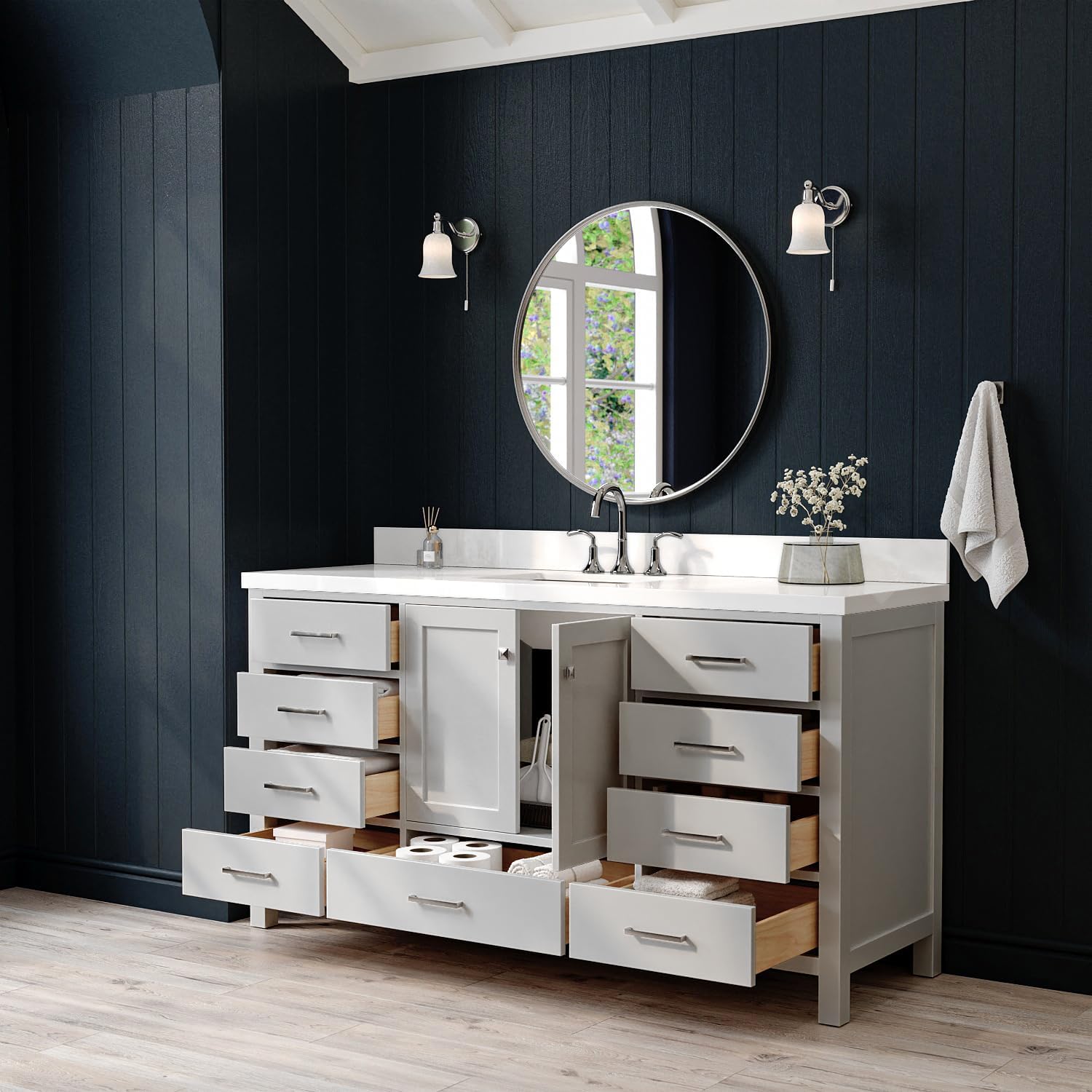 ARIEL Cambridge 66-inch Bathroom Vanity with Sink,Solid Wood, 1.5-inch Pure White Quartz Countertop & Backsplash, Single Rectangular Porcelain Sink, 2 Soft Closing Doors, 9 Dovetail Drawers, Grey
