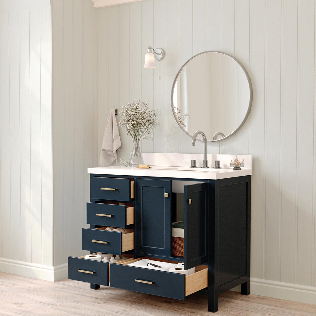 ARIEL Cambridge 42-inch Bathroom Vanity with Sink,Solid Wood, 1.5-inch Pure White Quartz Countertop, Single Rectangular Porcelain Sink, 2 Soft Closing Doors, 5 Dovetail Drawers, Midnight Blue