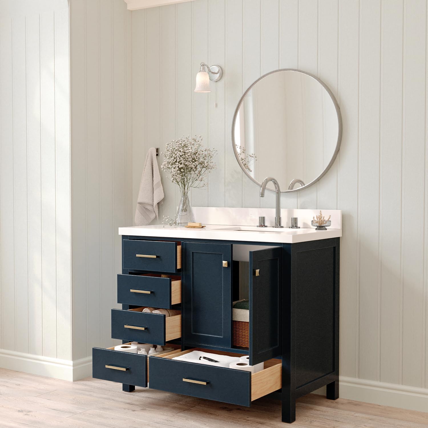 ARIEL Cambridge 42-inch Bathroom Vanity with Sink,Solid Wood, 1.5-inch Pure White Quartz Countertop, Single Rectangular Porcelain Sink, 2 Soft Closing Doors, 5 Dovetail Drawers, Midnight Blue