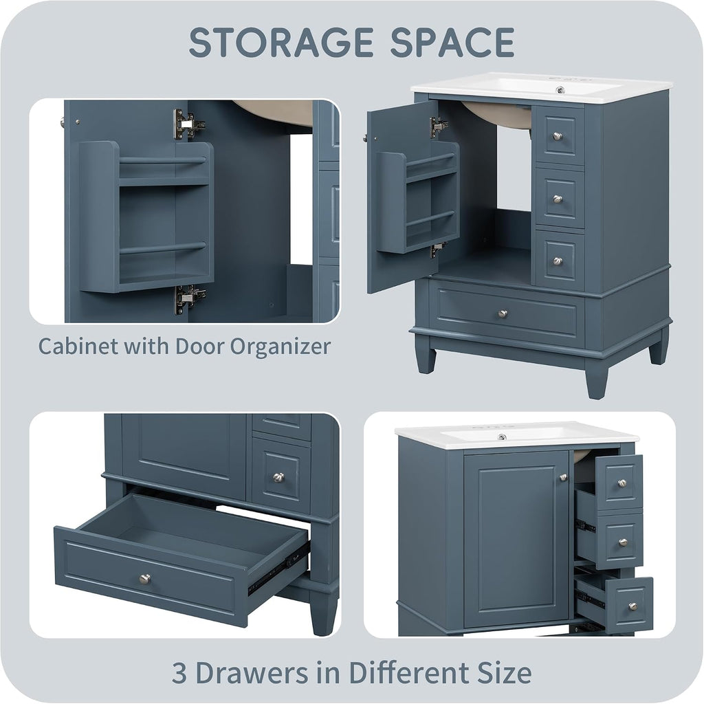 24' Modern Freestanding Bathroom Vanity with Ceramic Sink Top, 3 Drawers & Storage Shelves - MDF & Solid Wood Base, Left Blue