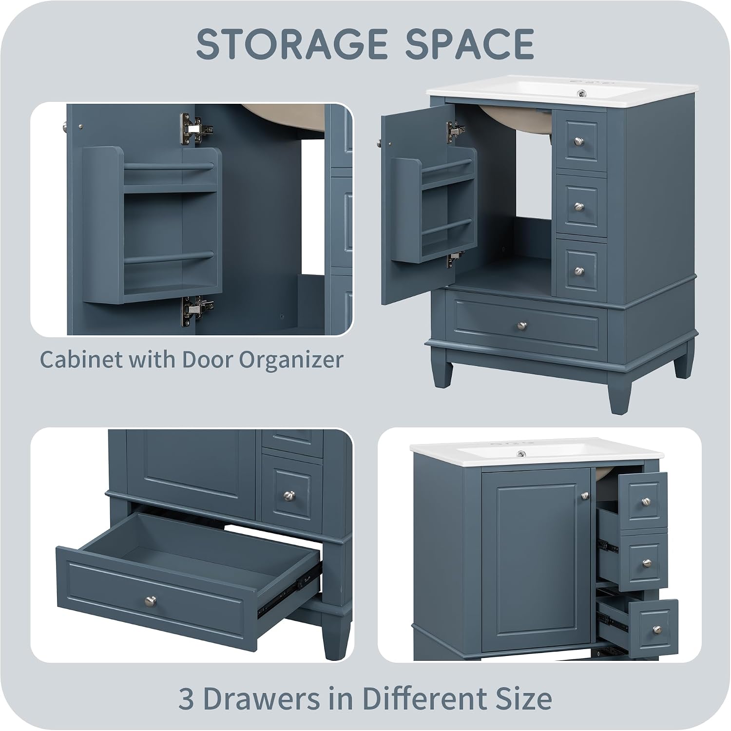 24' Modern Freestanding Bathroom Vanity with Ceramic Sink Top, 3 Drawers & Storage Shelves - MDF & Solid Wood Base, Left Blue