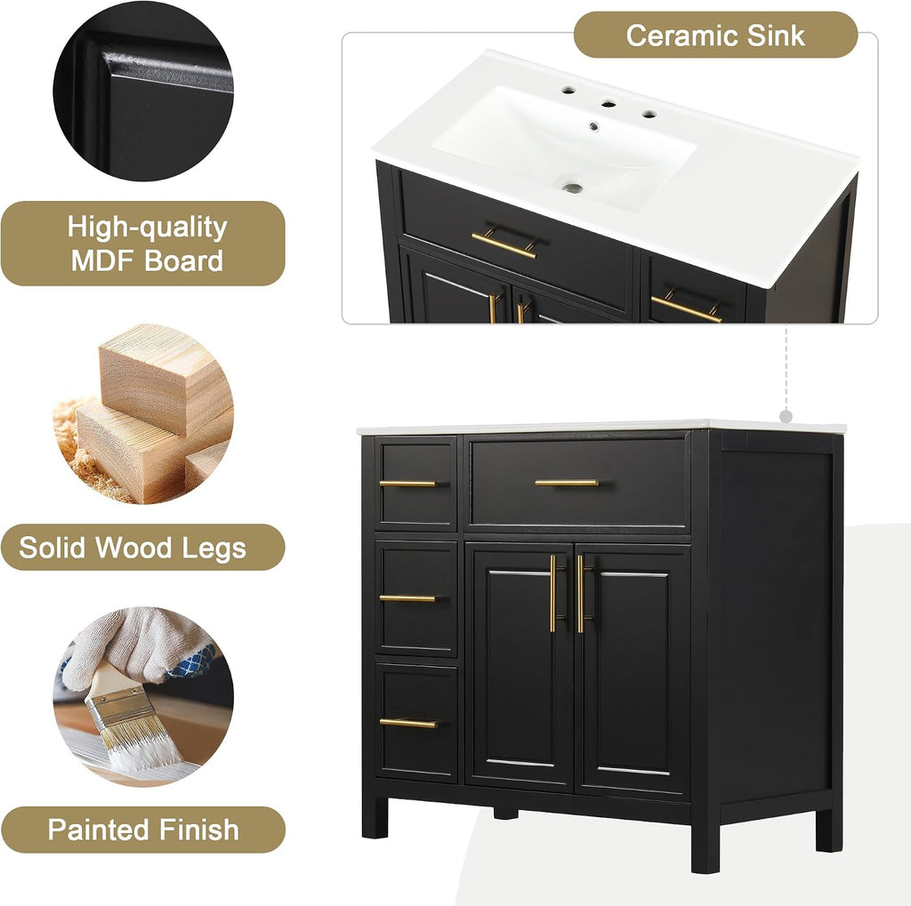 Favfurish 36' Bathroom Vanity with Sink Top and 2 Doors,Water-Resistant Wood Cabinet Vanities w/ 3 Drawers & Chrome-Finish Overflow,Pre-driled Three Faucet Holes,Multi-Functional Storger Space,Black