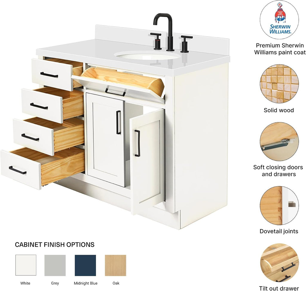 DKB Isabella 42-Inch White Bathroom Vanity with Sink, 1.5-Inch Pure White Quartz Countertop, Solid Wood Frame, Right Oval Undermount Sink, 2 Soft Closing Doors, 5 Dovetail Drawers, Toe Kick