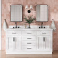 DKB Isabella 66-Inch White Double Bathroom Vanity, 1.5-Inch Pure White Quartz Countertop & Backsplash, Oval Sinks, 4 Soft Closing Doors, 6 Dovetail Drawers, Matte Black Hardware