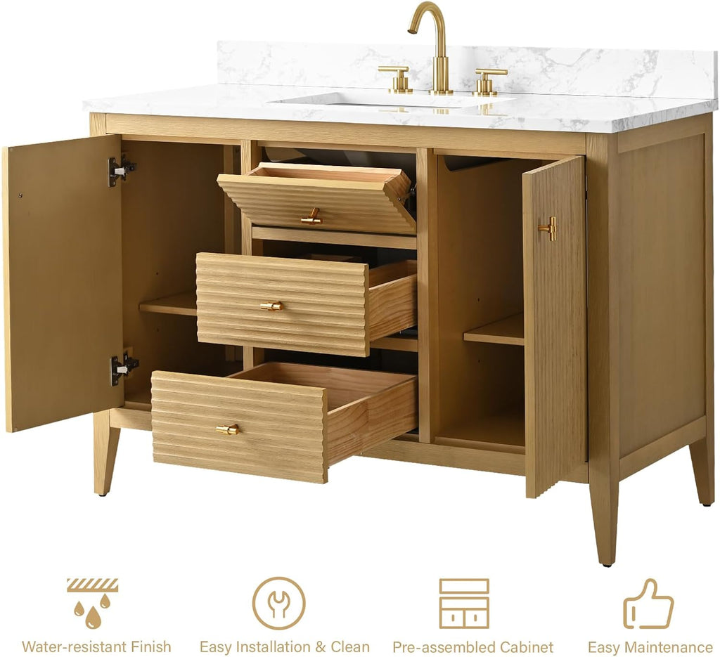 HOMEBEYOND 48' Bathroom Vanity with Sink, Solid Wood Bathroom Vanity Free-Standing Cabinet, Drawers, Ceramic Top & Soft Closing Door, Golden Brushed Handware, Natural Oak