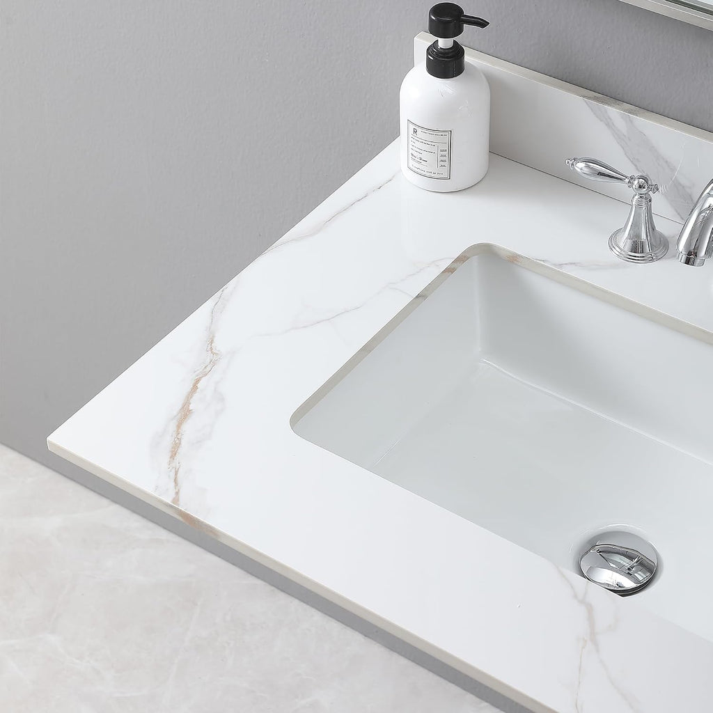 31 x 22 Inch Bathroom Vanity Top, Sintered Stone Top with Ceramic Sink, Three Hole Vanity Top With Undermount Rectangular Sink and 1 Backsplash (Carrara Gold, 3 Hole)