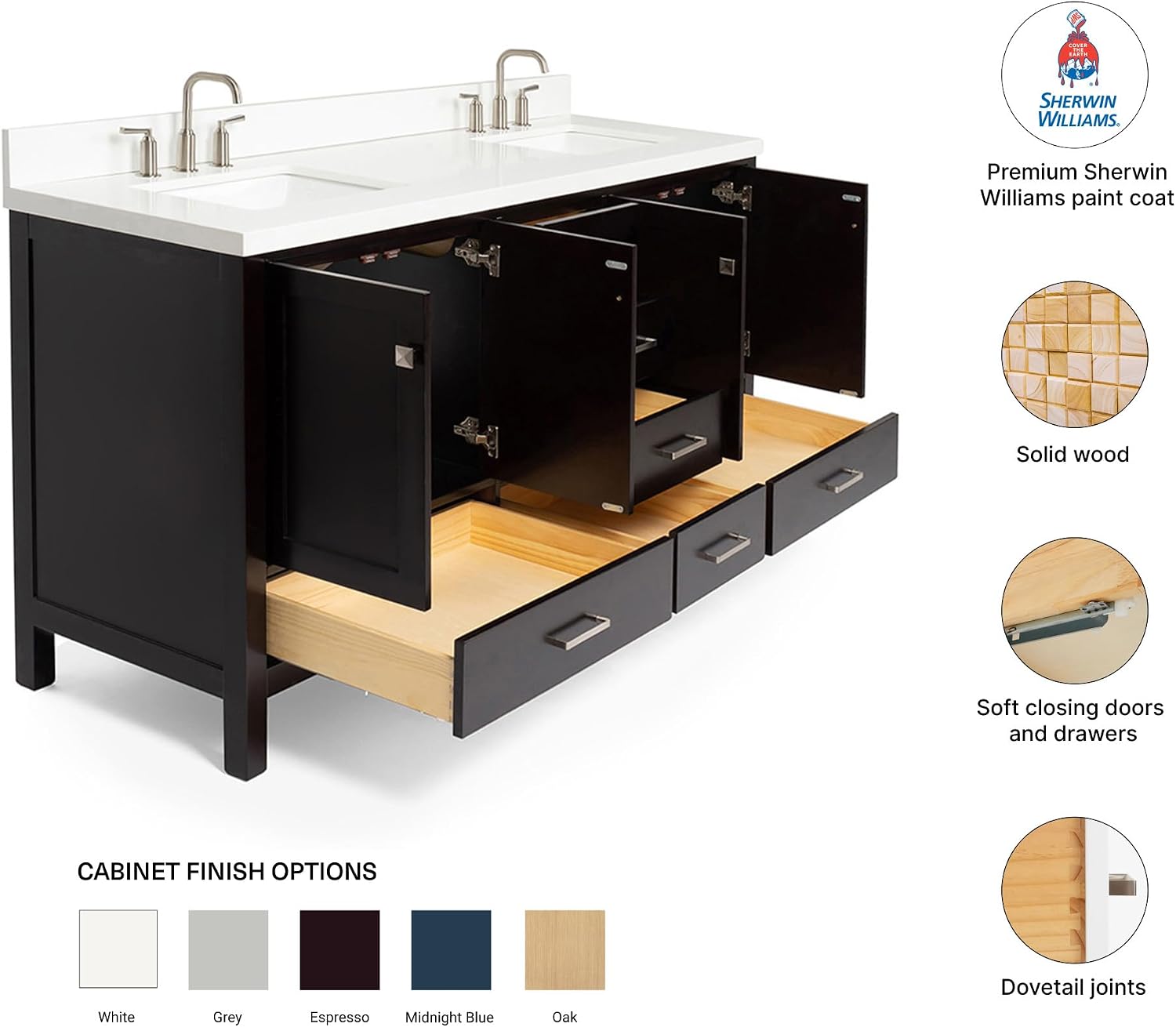 DKB Beckford 72 Inch Bathroom Vanity Double Sink — Espresso Bathroom Vanity with Sink, 1.5' Edge Pure White Quartz Countertop & Backsplash, 4 Soft-Close Doors, 6 Dovetail Drawers