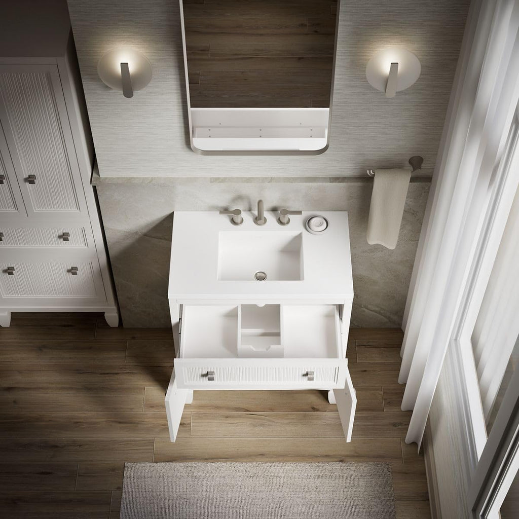 Kohler Hearthaven 30 Inch Bathroom Vanity Cabinet with White Single Sink and Quartz Top, Modern Bathroom Vanity, White, K-33536-ASB-0
