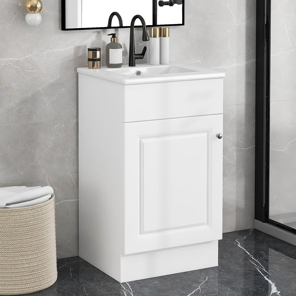 18-inch Bathroom Vanity Sink Combo, Free-Standing Single Storage Cabinet with Adjustable Shelf & Storage Rack, Wooden Set with Ceramic Basin for Bathroom (White)
