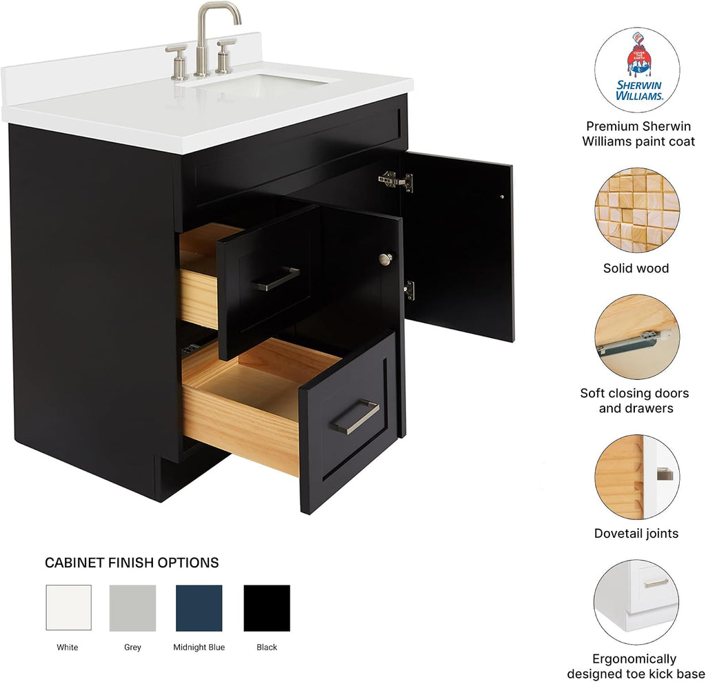 DKB Bradford 42' Black Single Bathroom Vanity with Sink, 1.5' Pure White Quartz Countertop, Rectangular Undermount Sink, Solid Wood Frame, 2 Soft-Closing Doors, 2 Dovetail Drawers