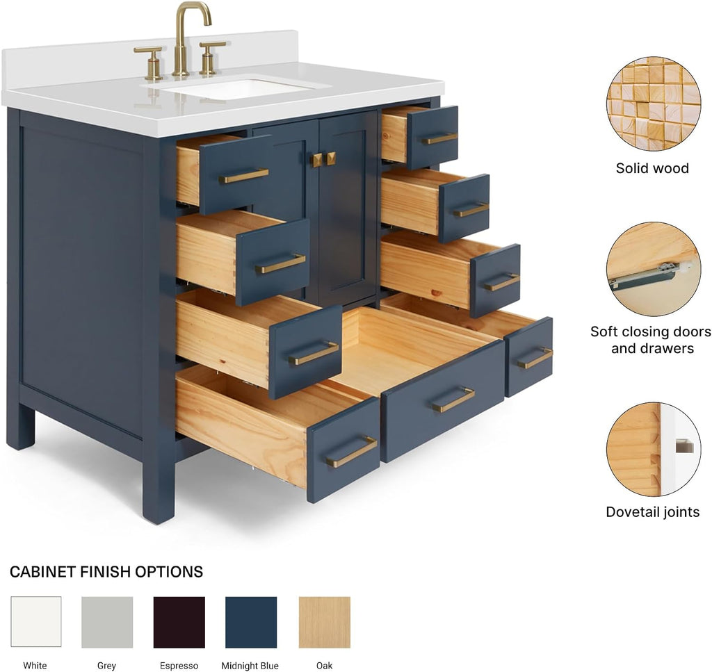 ARIEL Cambridge 42-inch Bathroom Vanity with Sink,Solid Wood, 1.5-inch Pure White Quartz Countertop, Single Rectangular Porcelain Sink, 2 Soft Closing Doors, 9 Dovetail Drawers, Midnight Blue