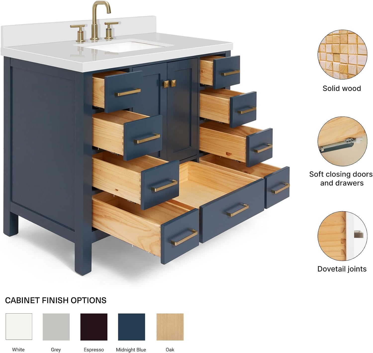 ARIEL Cambridge 42-inch Bathroom Vanity with Sink,Solid Wood, 1.5-inch Pure White Quartz Countertop, Single Rectangular Porcelain Sink, 2 Soft Closing Doors, 9 Dovetail Drawers, Midnight Blue