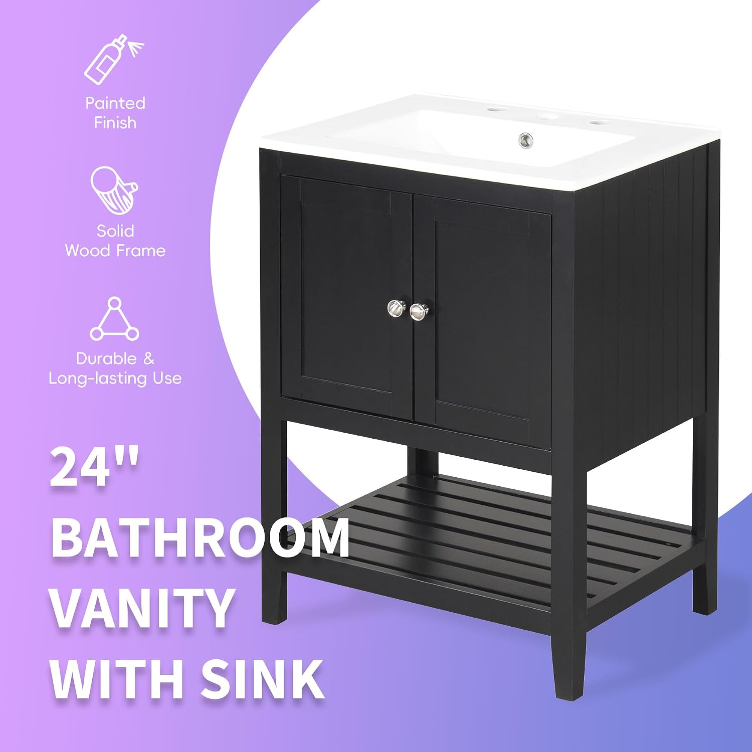 Merax 24' Bathroom Vanity with Sink,Small Bathroom Sink Cabinet with Ceramic Basin,Single Bathroom Vanities Cabinet with 2 Doors and 1 Open Shelf,Solid Wood Frame,Black