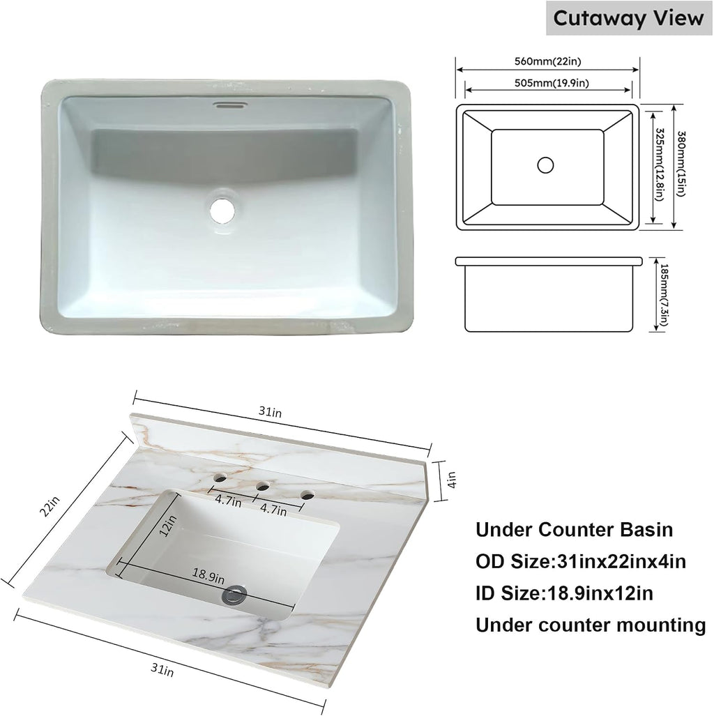 31 x 22 Inch Bathroom Vanity Top, Sintered Stone Vanity Top with Sink, Three Holes Marble Vanity Sink Top with Undermount Rectangular Sink & Backsplash (Belly Golden)