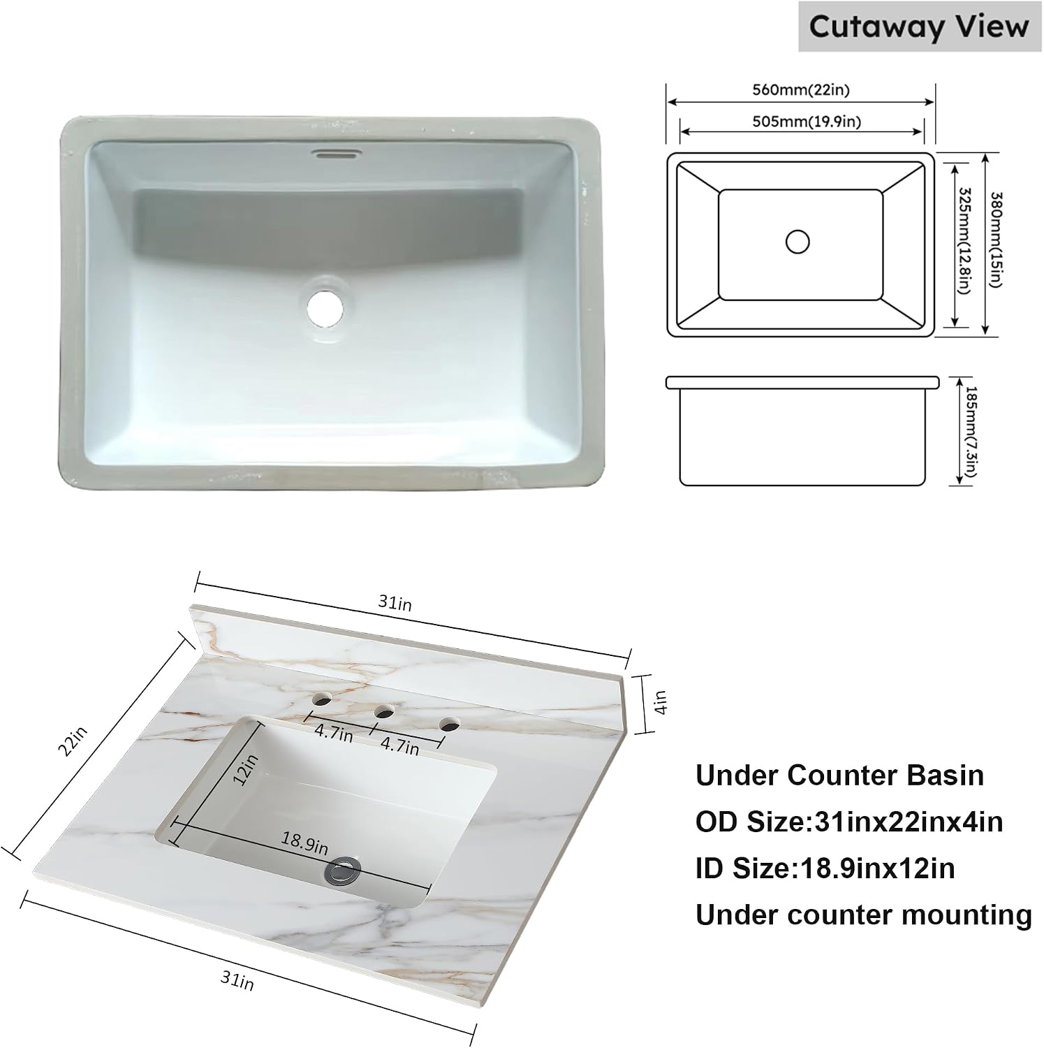 31 x 22 Inch Bathroom Vanity Top, Sintered Stone Vanity Top with Sink, Three Holes Marble Vanity Sink Top with Undermount Rectangular Sink & Backsplash (Belly Golden)