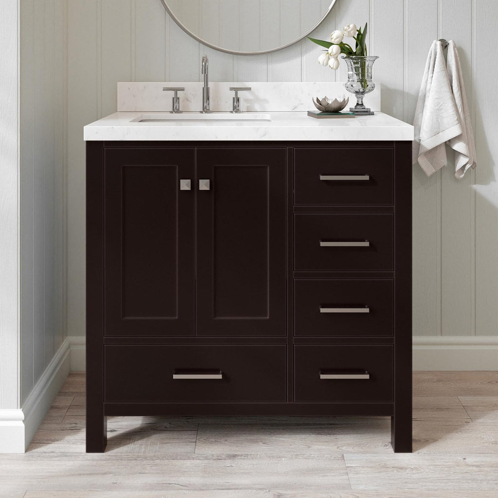 ARIEL Cambridge 36-inch Bathroom Vanity with Sink,Solid Wood, 1.5-inch Carrara White Quartz Countertop, Single Rectangular Porcelain Sink, 2 Soft Closing Doors, 5 Dovetail Drawers, Espresso