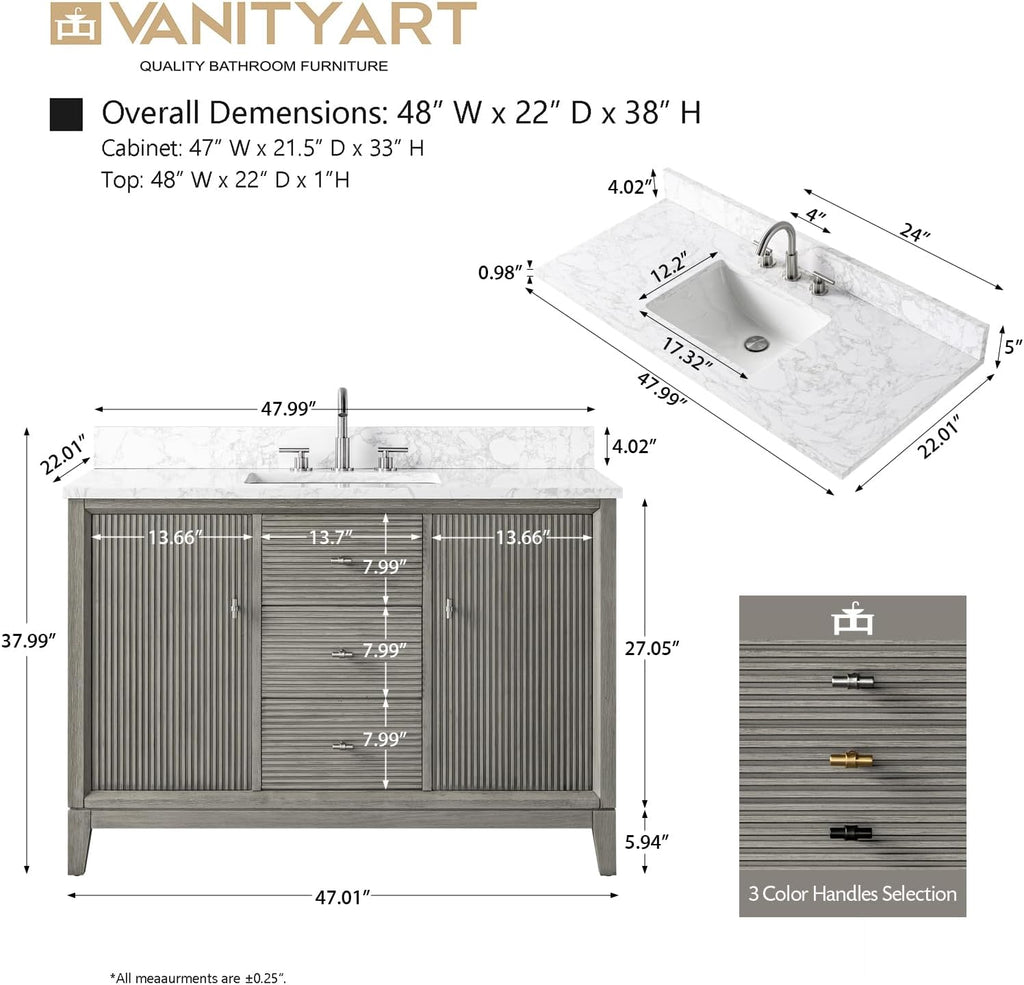 Vanity Art 48' Bathroom Vanity with Single Sink & Arabescato White Engineered Stone Top, Vanity Cabinet with Soft Closing Door, Solid Wood Frame, Brushed Nickel Handles, Driftwood Gray VA8148-DG-BN