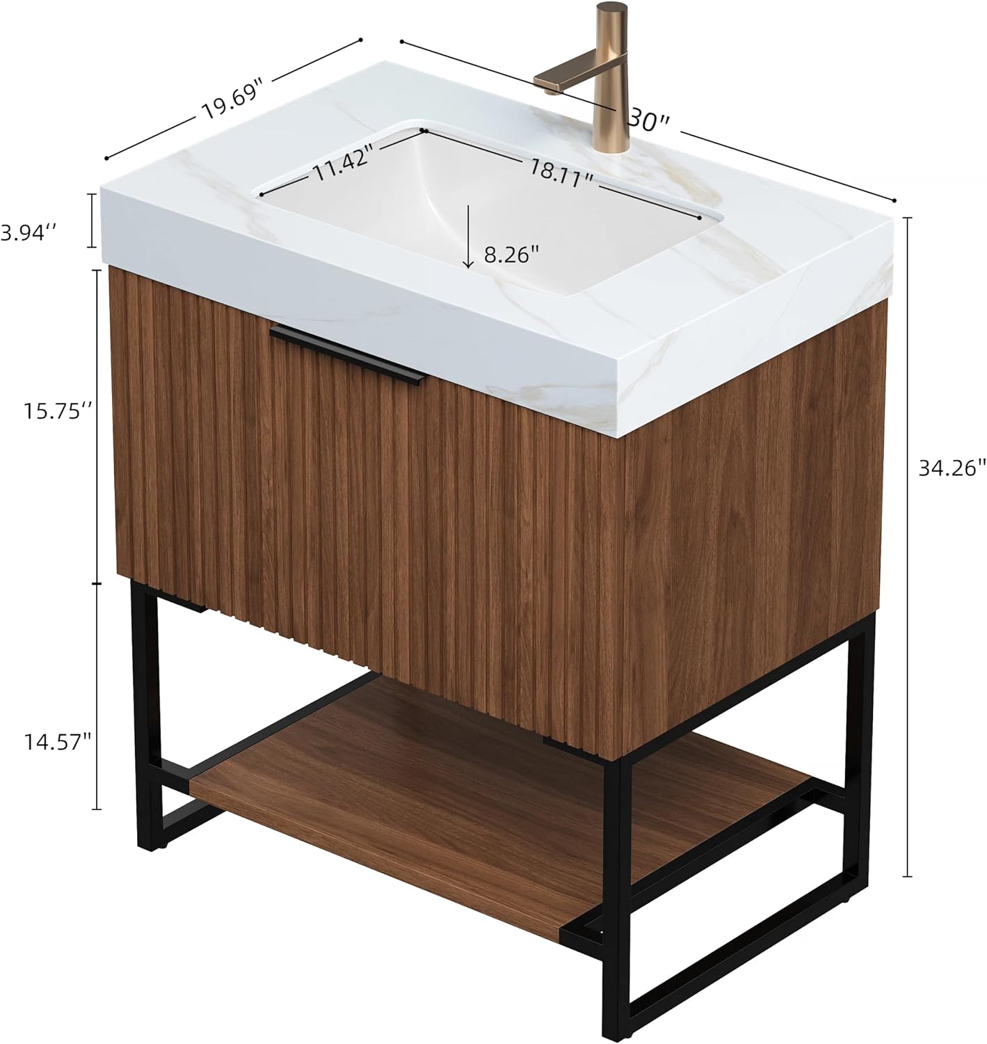 30'' Modern Bathroom Vanity with Sink, Freestanding Oak Plywood Cabinet with Rectangular Acrylic Integrated Basin, Bathroom Vanities Cabinet with Drawer and Open Shelf-Lund, Retro Walnut
