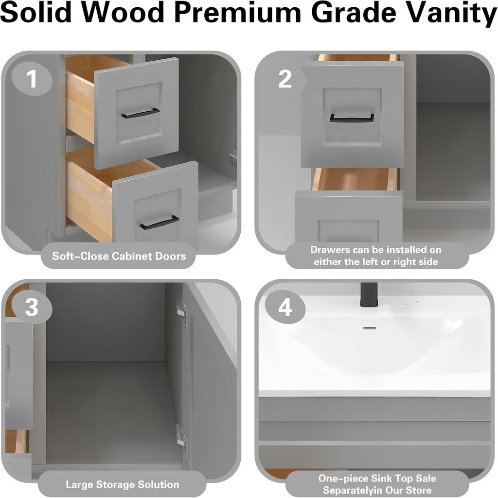 30' Shaker Bathroom Vanity Sink Base with Drawers (Ready-to-Assemble) (Light Grey Shaker Vanity Base)
