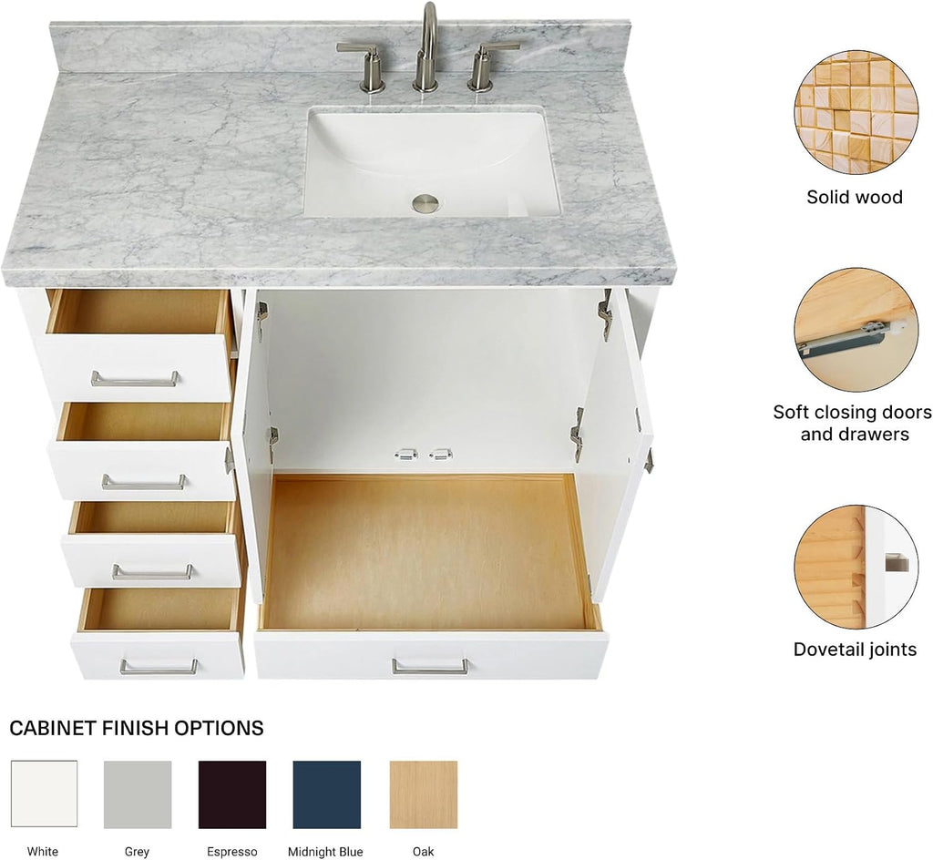 ARIEL Cambridge 42-inch Bathroom Vanity with Sink,Solid Wood, 1.5-inch Italian Carrara Marble Countertop, Single Rectangular Porcelain Sink, 2 Soft Closing Doors, 5 Dovetail Drawers, White