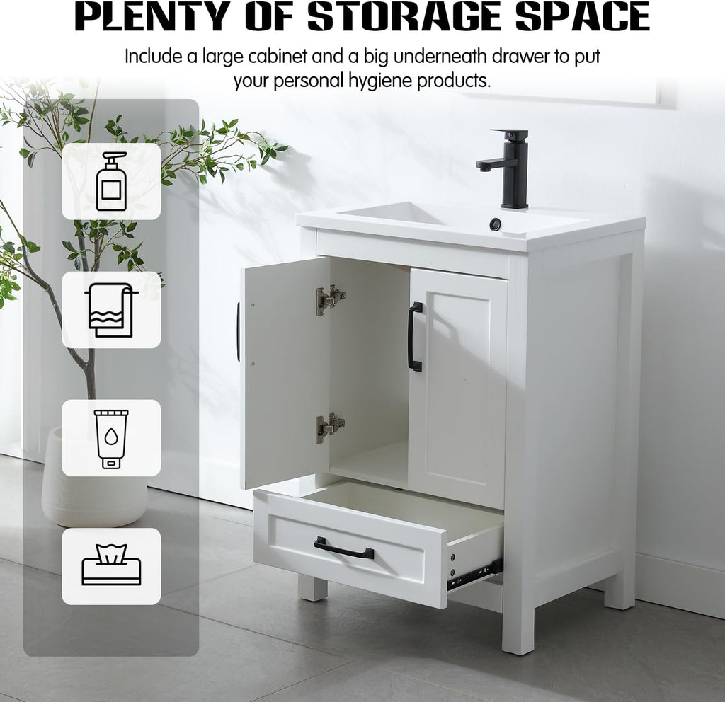 LUCKWIND 24' Bathroom Vanity and Sink Combos, Modern Bathroom Storage Painted Cabinet with Undercounter Ceramic Single Sink Top, Matte Black Faucet and Drawer, Mirror Not Included, White
