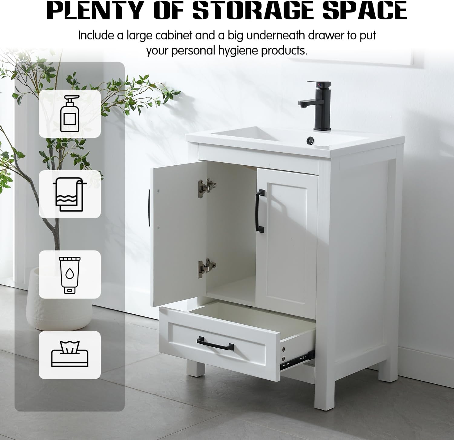 LUCKWIND 24' Bathroom Vanity and Sink Combos, Modern Bathroom Storage Painted Cabinet with Undercounter Ceramic Single Sink Top, Matte Black Faucet and Drawer, Mirror Not Included, White