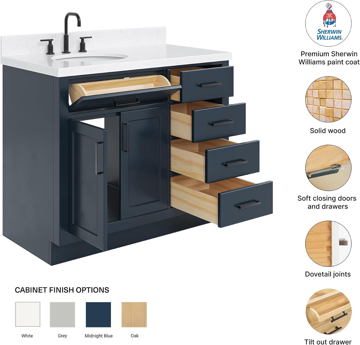 DKB Isabella 42-Inch Midnight Blue Bathroom Vanity with Sink, 1.5' Carrara Quartz Countertop, Solid Wood Frame, Left Oval Undermount Sink, 2 Soft Closing Doors, 5 Dovetail Drawers, Toe Kick