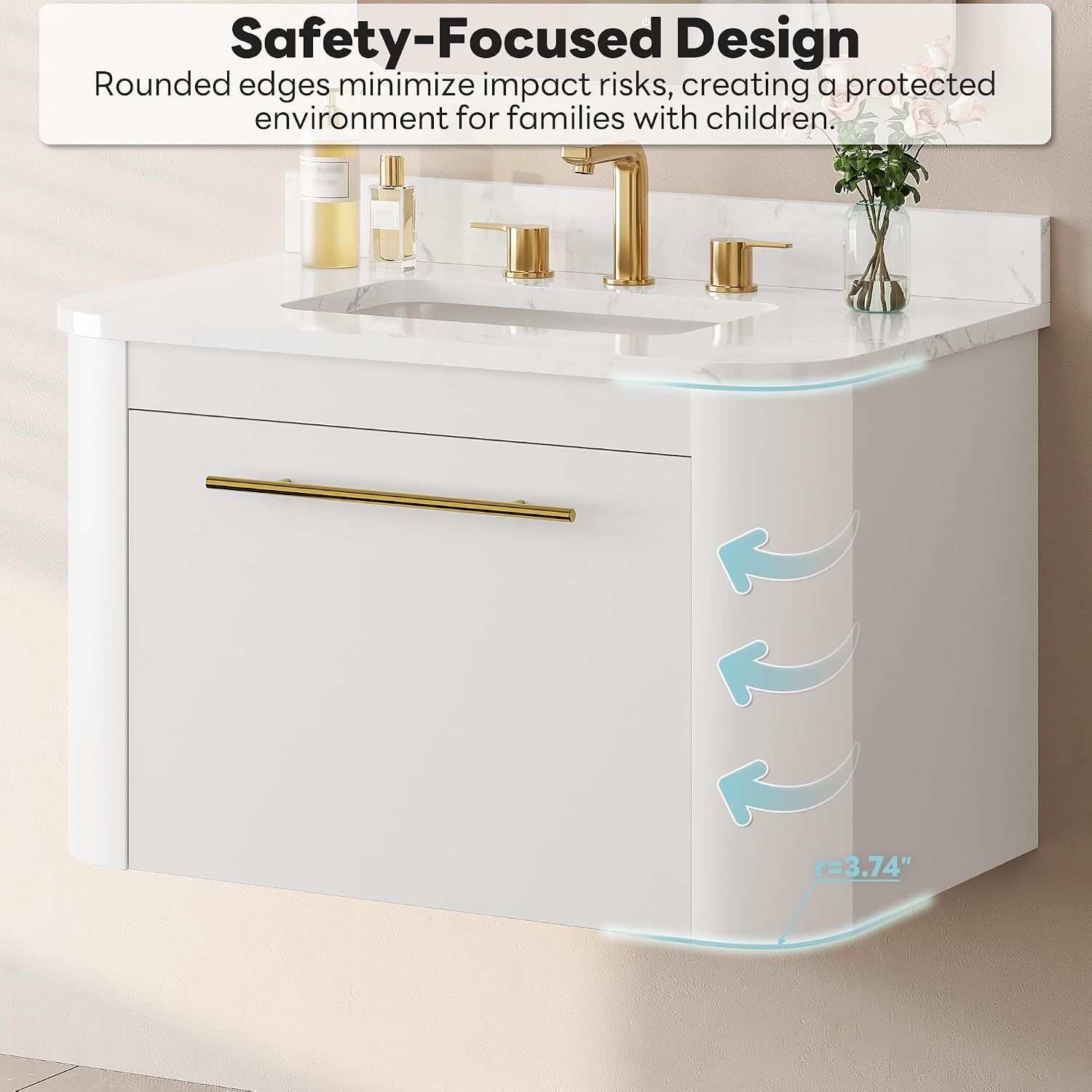 LIKIMIO 30' Bathroom Vanity with Sink, Floating Bathroom Vanity with 1 Drawer, Engineered Stone Countertop with Undermount Ceramic Sink, Wall Mounted Bathroom Vanity, Gold Handle, Easy Assembly, White