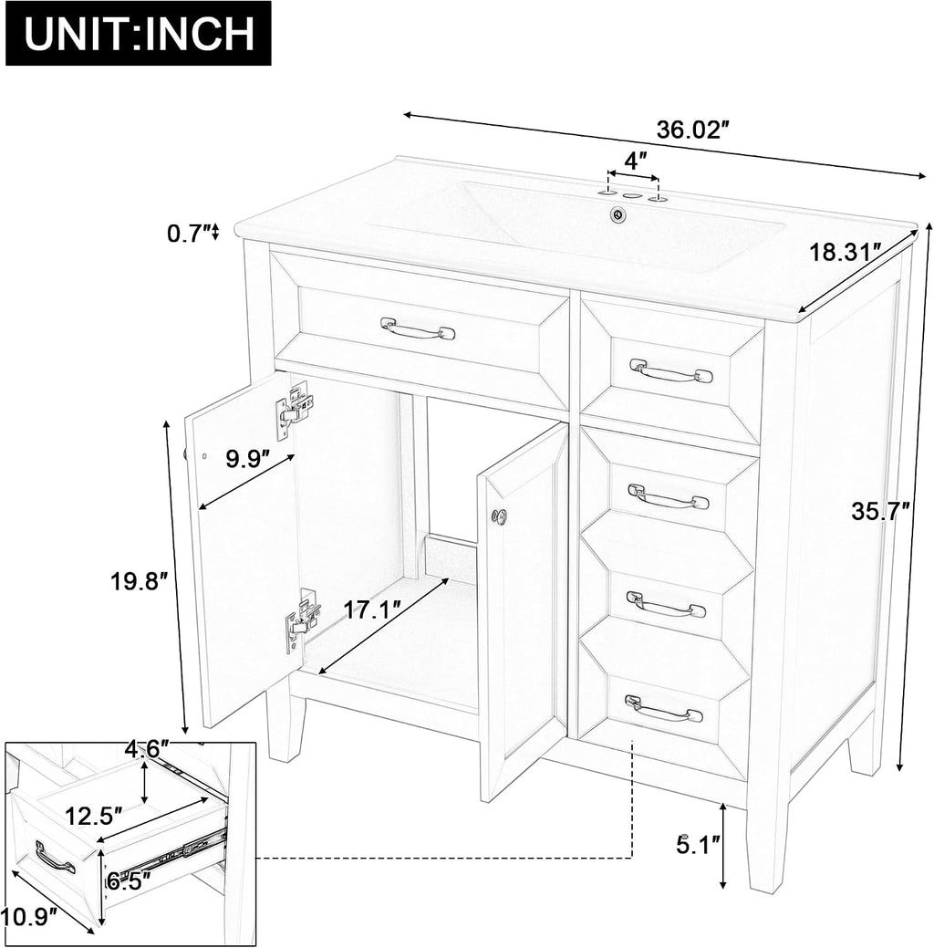 36' Bathroom Vanity with Sink Combo, Bathroom Cabinet with Drawers, Solid Frame and MDF Board,Grey