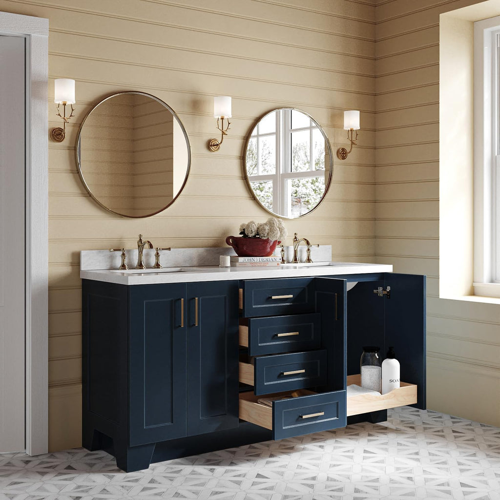 ARIEL Taylor 66-inch Bathroom Vanity with Sink,Solid Wood, 1.5-inch Italian Carrara Marble Countertop, Double Rectangular Porcelain Sink, 4 Soft Closing Doors, 5 Dovetail Drawers, Midnight Blue