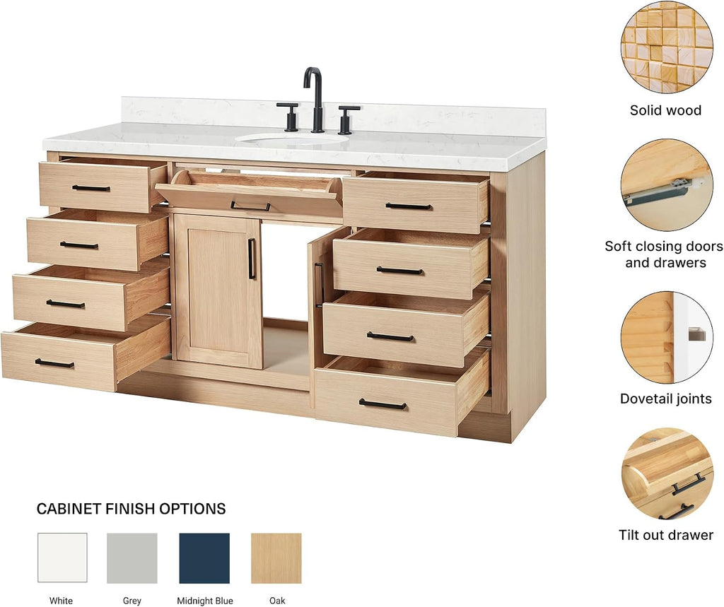 ARIEL Hepburn 66-inch Bathroom Vanity with Sink,Solid Wood, 1.5-inch Carrara White Quartz Countertop & Backsplash, Single Oval Porcelain Sink, 2 Soft Closing Doors, 9 Dovetail Drawers, White Oak