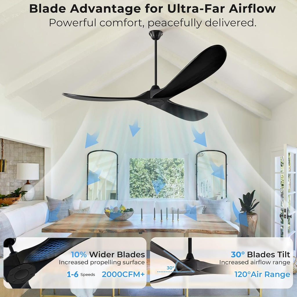 60 inch Black Outdoor Ceiling Fan No Light for Patios, Ceiling Fans Without Lights with Smart App and Remote Control, Wet Rated 3 Blades Wood Propeller Fan for Exterior Outside Porch, High CFM