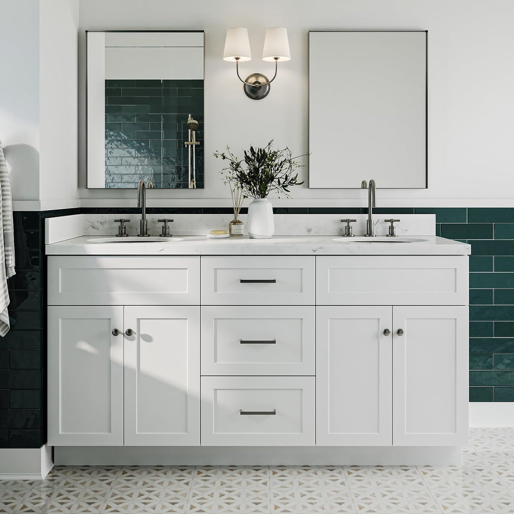 ARIEL Hamlet 66-inch Bathroom Vanity with Sink,Solid Wood, 1.5-inch Carrara White Quartz Countertop & Backsplash, Double Oval Porcelain Sink, 4 Soft Closing Doors, 3 Dovetail Drawers, White