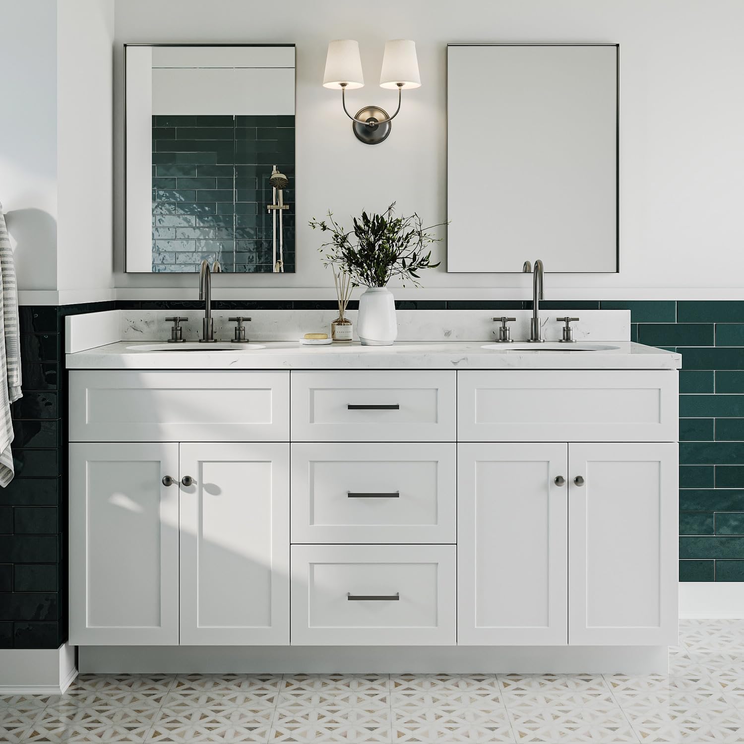 ARIEL Hamlet 66-inch Bathroom Vanity with Sink,Solid Wood, 1.5-inch Carrara White Quartz Countertop & Backsplash, Double Oval Porcelain Sink, 4 Soft Closing Doors, 3 Dovetail Drawers, White