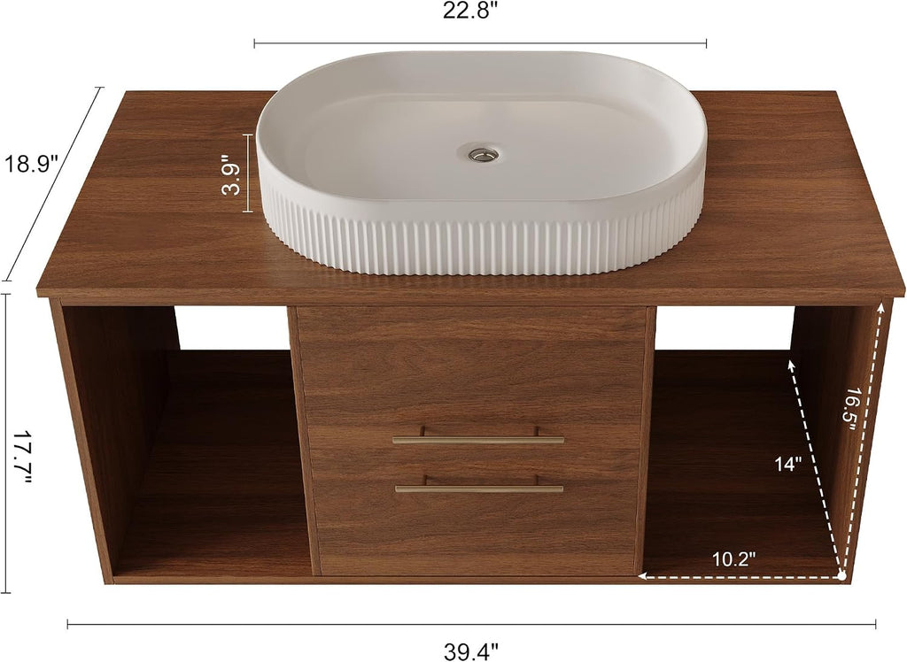 40' Bathroom Vanity with Sink Set, Modern Wall Mounted Bathroom Vanity Cabinet with Above Oval Ceramic Sink,Gold Handle 2 Drawers&2 Open Storage, Single Sink Floating Bathroom Vanity, Walnut