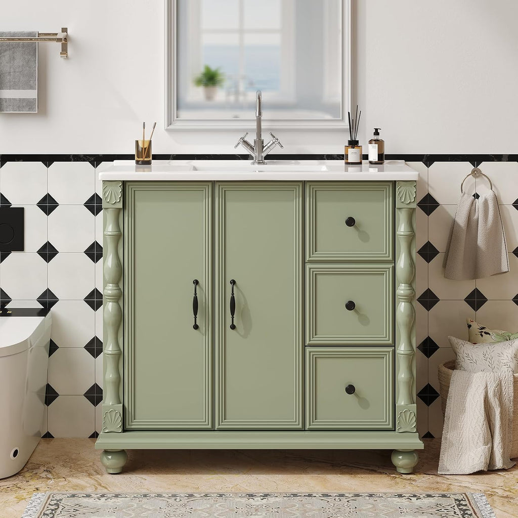 ONBRILL Bathroom Vanity with Sink Combo, Modern Bathroom Vanities with Adjustable Shelf, 4 Solid Legs, 2 Drawers, 2 Doors, Ceramic Integrated Sink, Freestanding Bath Storage Cabinet (36', Green)