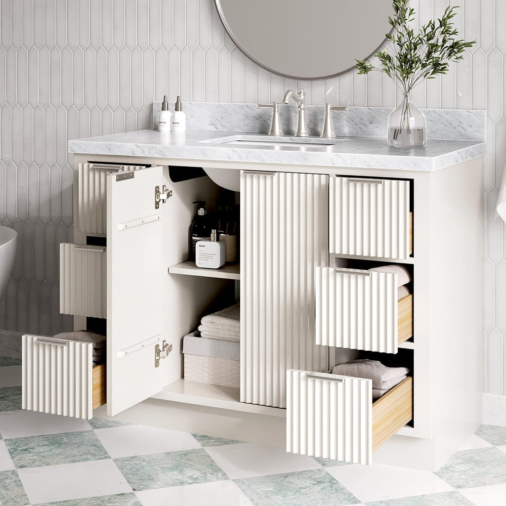 ARIEL Milan 48-inch Bathroom Vanity with Sink,Solid Wood, 1.5-inch Italian Carrara Marble Countertop, Single Rectangular Porcelain Sink, 2 Soft Closing Doors, 6 Dovetail Drawers, Warm White
