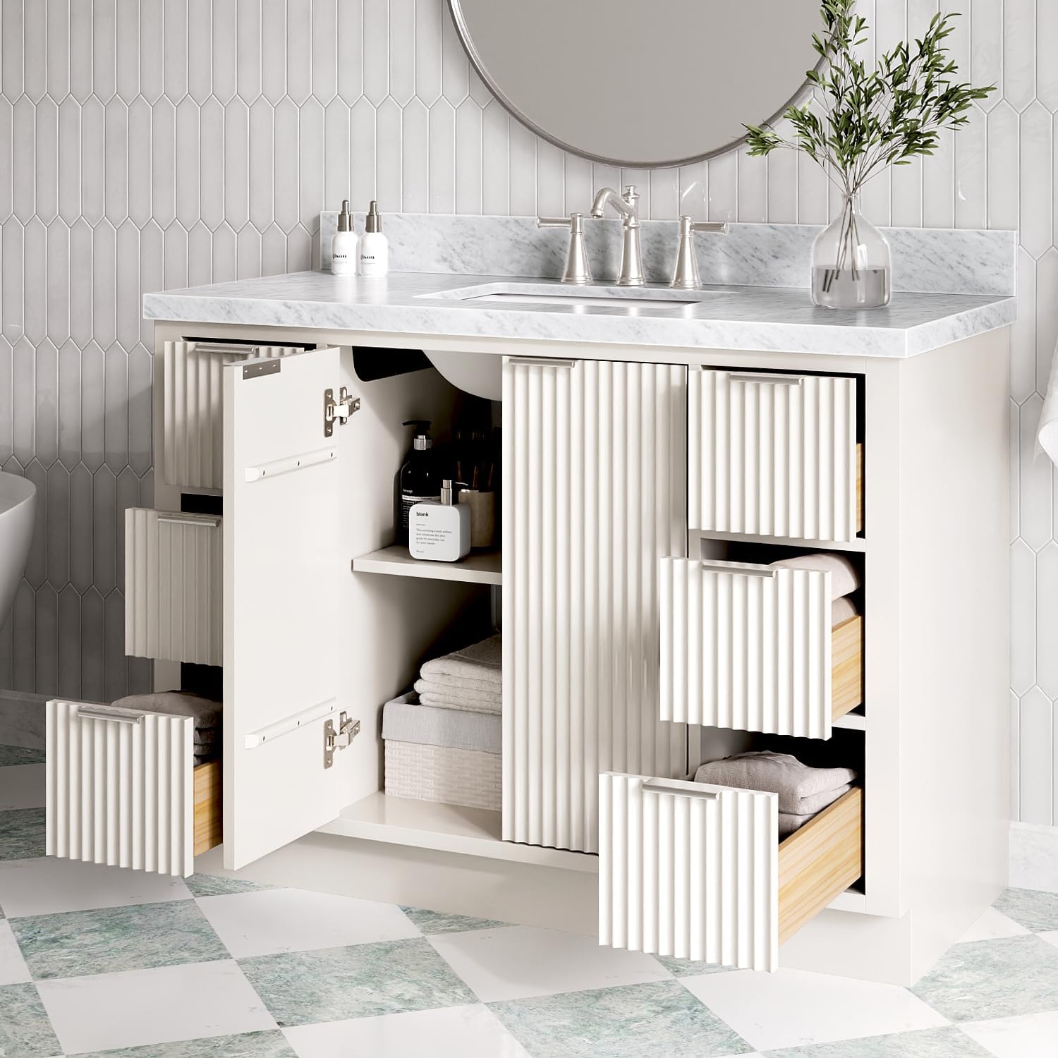 ARIEL Milan 48-inch Bathroom Vanity with Sink,Solid Wood, 1.5-inch Italian Carrara Marble Countertop, Single Rectangular Porcelain Sink, 2 Soft Closing Doors, 6 Dovetail Drawers, Warm White