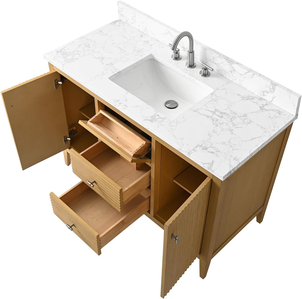 HOMEBEYOND 48' Bathroom Vanity with Sink, Solid Wood Bathroom Vanity Free-Standing Cabinet, Drawers, Ceramic Top & Soft Closing Door, Golden Brushed Handware, Natural Oak