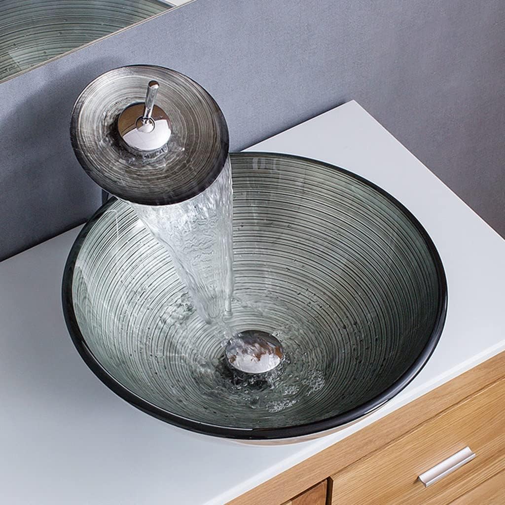 Modern Tempered Glass Vessel Bowl Sink Spiral Pattern Artistic Bathroom Vanity Sink Top Mount with Waterfall Faucet & Pop Up Drain (Color : Gray, Size : 42x42x14.5cm)