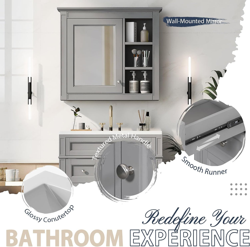 Merax 30' Bathroom Sink Vanity with Matching Medicine Cabinet Combo, Modern Bathroom Storage Cabinet, Freestanding Solid Wood Frame
