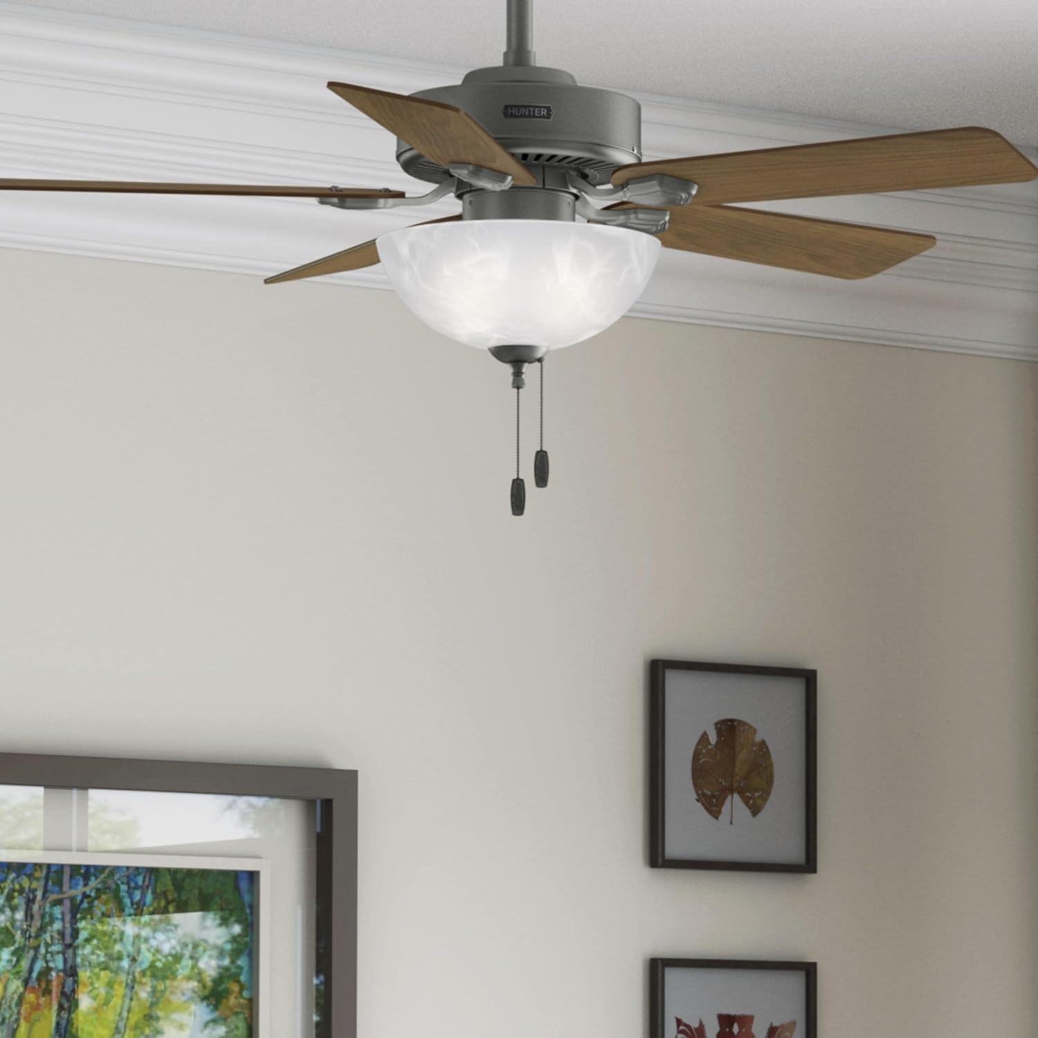 Hunter Fan 44 inch Matte Silver Indoor Ceiling Fan with Light and Pull Chain for Bedroom, Living Room, Office, Basement, Kitchen (Renewed), CC5C27C80