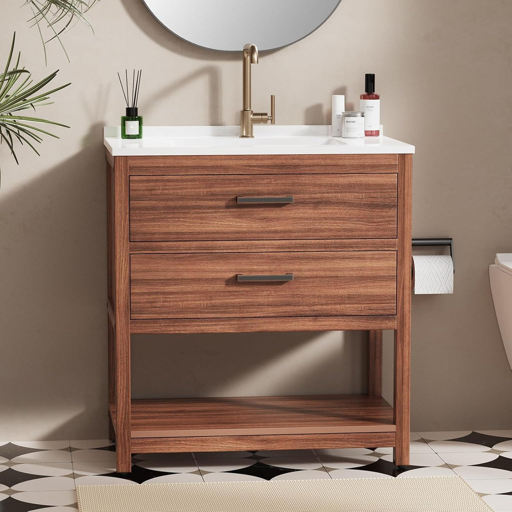 30 Inch Poly Lumber Bathroom Vanity with Sink Combo, Waterproof Freestanding Cabinet, SMC Resin Countertop with 2 Drawers & Open Storage Shelf, Adjustable Feet, Zinc-Alloy Handles, Rustic Brown