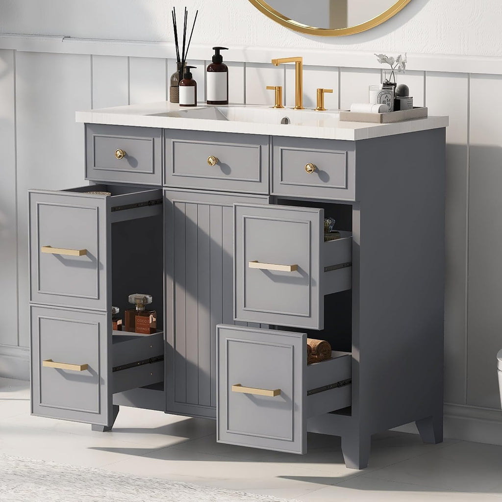 LUMISOL 36' Bathroom Vanity with Sink Top, Modern Bathroom Storage Cabinet with 3 Drawers & 2 Doors, Grey Bathroom Vanity with Undermount Sink, Solid Wood Frame