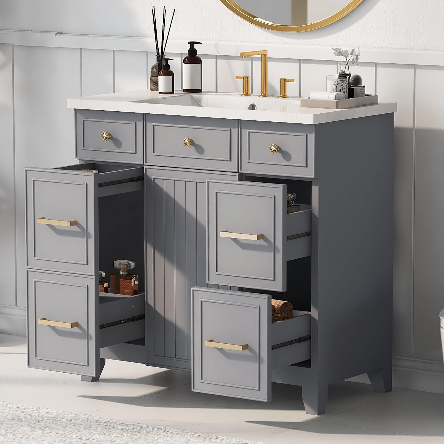 LUMISOL 36' Bathroom Vanity with Sink Top, Modern Bathroom Storage Cabinet with 3 Drawers & 2 Doors, Grey Bathroom Vanity with Undermount Sink, Solid Wood Frame